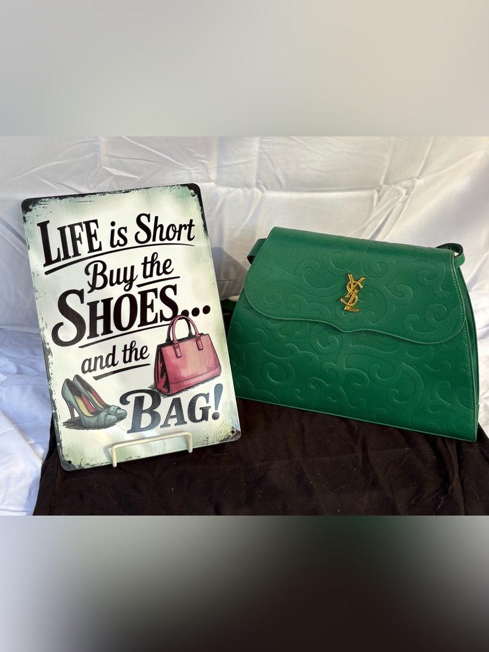 Yves Saint Laurent Emerald Green Embossed Leather Shoulder Bag